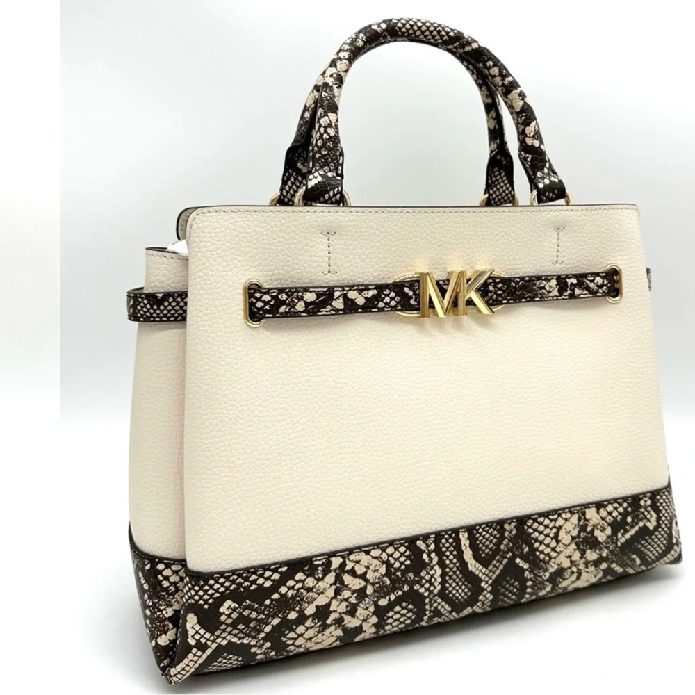 Michael Kors Large Reed Leather Belted Satchel Crossbody Bag Cream Snakeskin